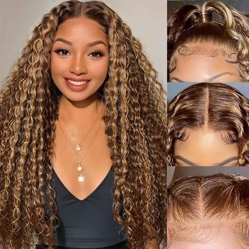PXTPXT 13x6 Highlight Ombre Lace Front Wig Human Hair HD Glueless Deep Wave Wig Honey Blonde 4/27 Pre Plucked Wet and Wavy Curly Wig for Women Long Natural Soft Human Hair Wigs 22 Inch