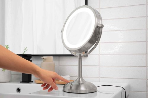 JERDON Lighted Tabletop Mirror with 10X/1X Magnification - LED Lighted Makeup Mirror with Multiple Light Settings in Nickel Finish - 8.5-Inch Diameter Vanity Mirror - Model JS8510BN