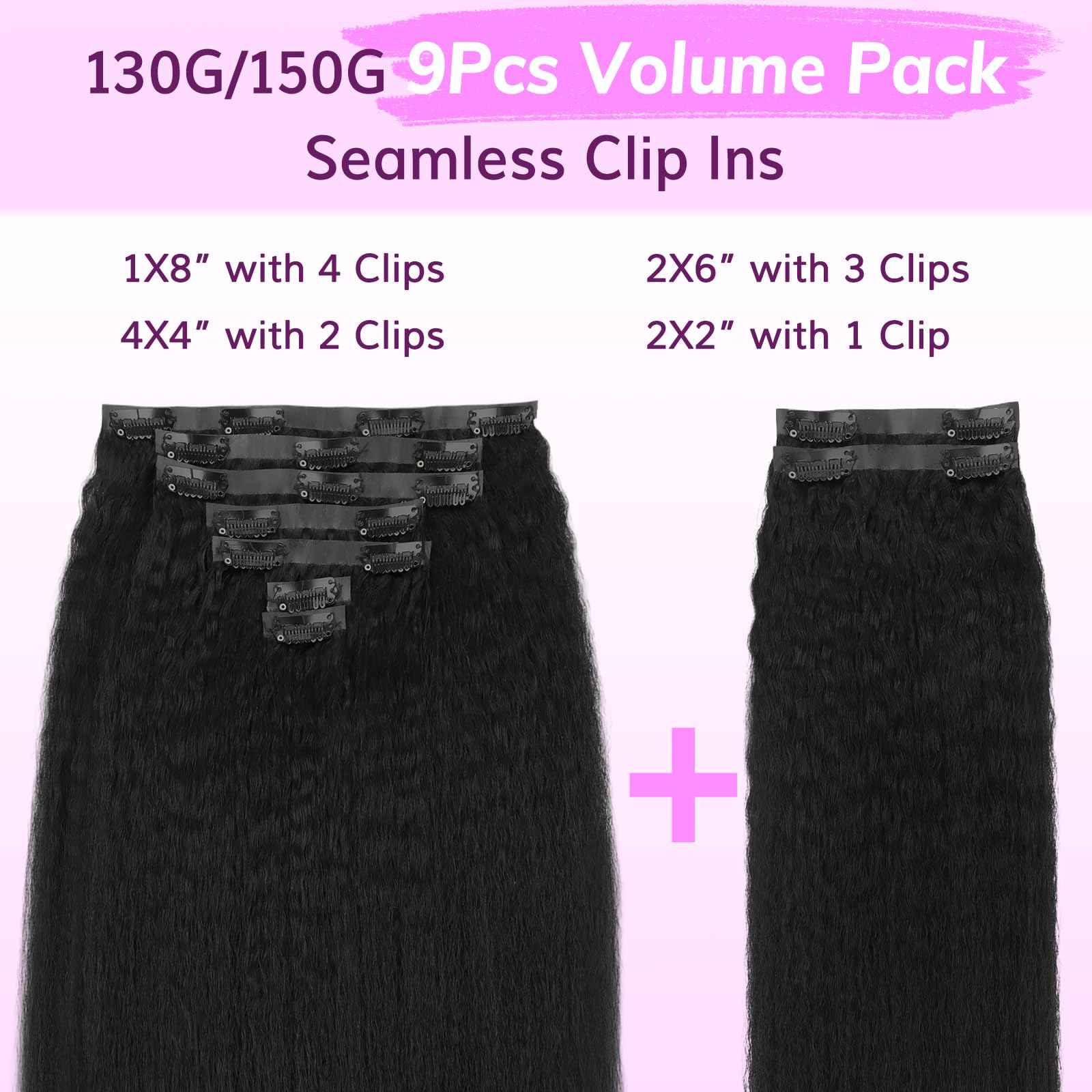 IDN BEAUTY Seamless Clip In Hair Extensions Human Hair, Kinky Straight 16 Inch 130g 9pcs Natural Black Remy Virgin Human Hair Seamless Clip Ins For Black Women PU Weft Invisible Edge
