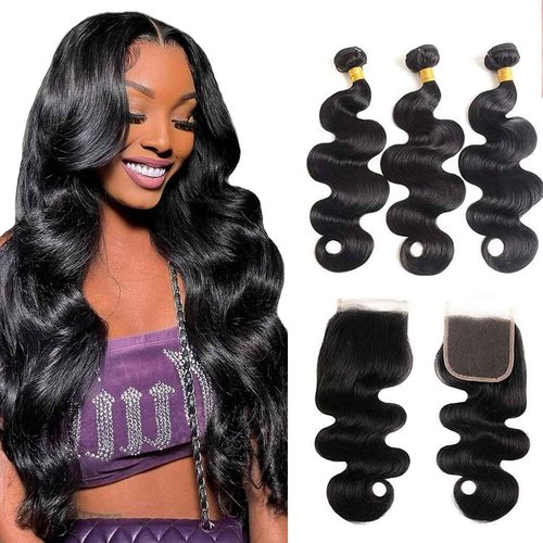 SIIKAP Body Wave Bundles with Closure (18 20 22+16，Free Part) Brazilian Body Wave Unprocessed Virgin human hair 3 bundles with 4x4 Lace Closure Natural Color