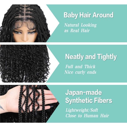 Humistwbiu Boho Box Braid Knotless Goddess Locs Wigs with Curly Ends Double Full Lace Square Synthetic Braided Wigs with Baby Hair for Woman Natural Black 36 Inch
