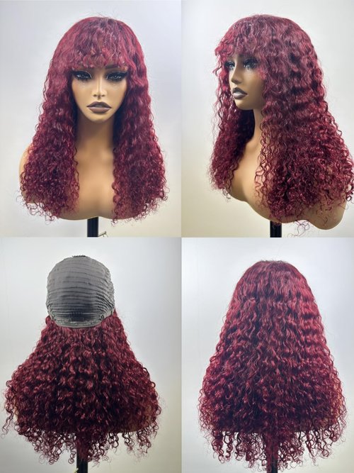 Doiwile Burgundy Curly Wig with Bangs Human Hair 4x4 HD Lace Glueless Wig Human Hair Curly Wave Human Hair Wigs with Bangs for Black Women (Burgundy, 20inch)