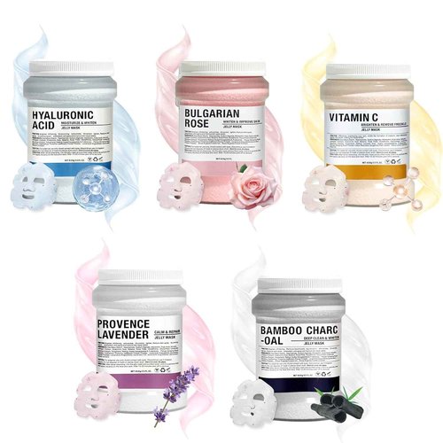 Fokiabin Jelly Mask for Facials Professional Hydrating Deep Cleaning Face Mask Set - 115Fl Oz 5 Treatments (Hyaluronic Acid,Bulgari Rose, Bamboo Charcoal,Lavender Essence,VC Essence)