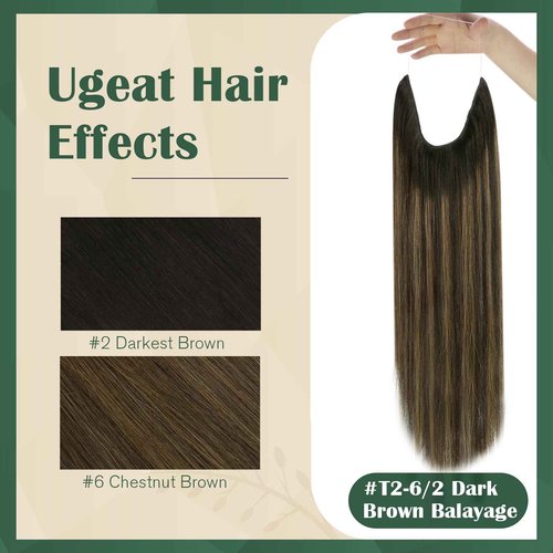 Ugeat Invisible Wire Hair Extensions Real Human Hair Brown Ombre Fishing Wire Human Hair Extensions Darkest Brown to Medium Brown Balayage Long Straight Full Head 20 Inch 95g