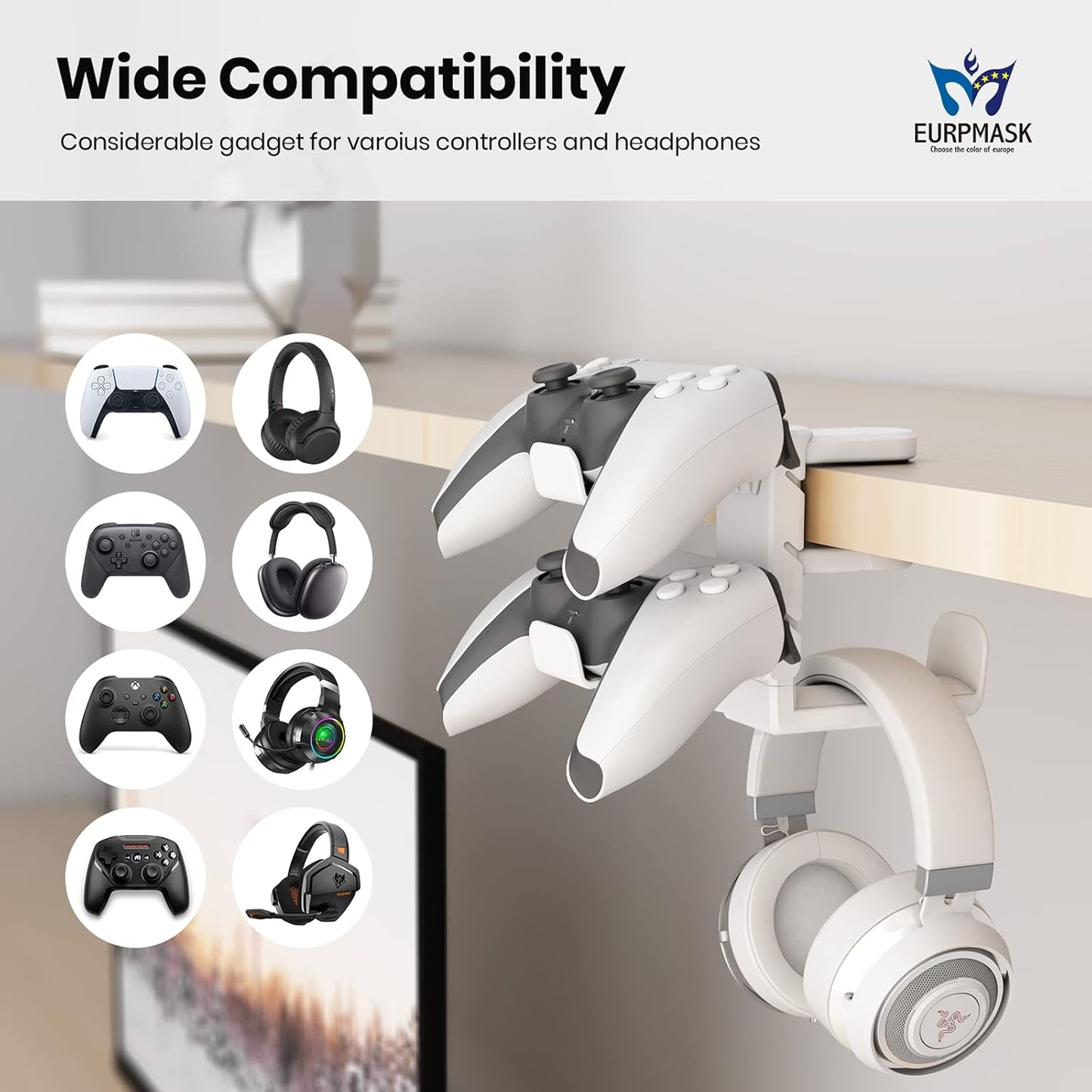 3-in-1 PC Gaming Headset&Controller Holder - EURPMASK Headphone Stand w/Adjustable Clamp&2 Controller Holder&Rotating Arm&Cable Organizer, Universal PC Gaming Accessory Controller Headset Stand-Black