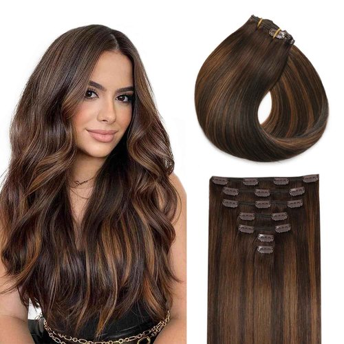 Missme Clip In Hair Extensions Real Human Hair,14in 110g 7pcs Balayage Dark Brown Mixed Chestnut Brown Invisible Straight Seamless Clip Ins Hair Extensions For Women