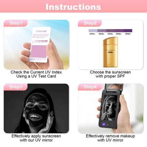 Compact UV Mirror with UV Camera for Sunscreen Test, 4 Inch Rechargable Travel Mirror Handheld Double-Sided Pocket Mirror for Skin Protection