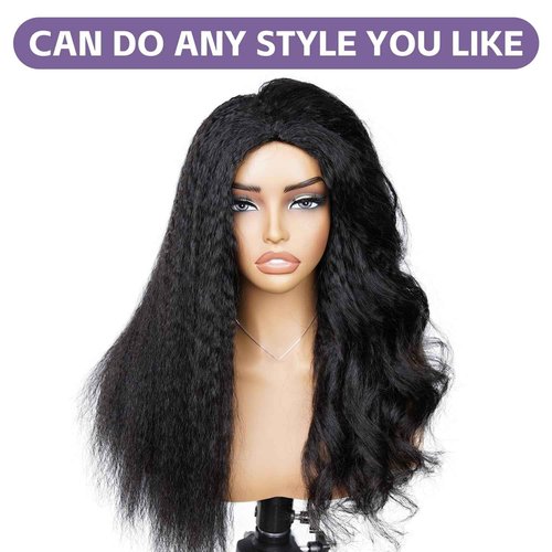 OQ Hair Kinky Straight Half Wig Human Hair Adjustable Drawstring 180% Density 3 In 1 Beginner Friendly Glueless Wear and Go Half Human Hair Wig for Women 18 Inch