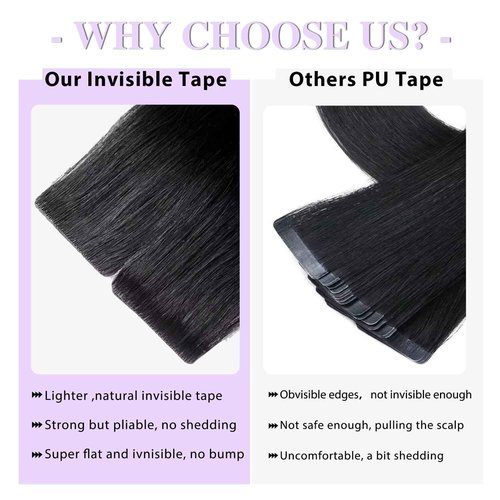 Liqusee Invisible Tape In Hair Extensions Human Hair Natural Black 20 inch 20pcs 50g/Pack Seamless Invisible Straight Tape ins Human Hair Extensions for Women