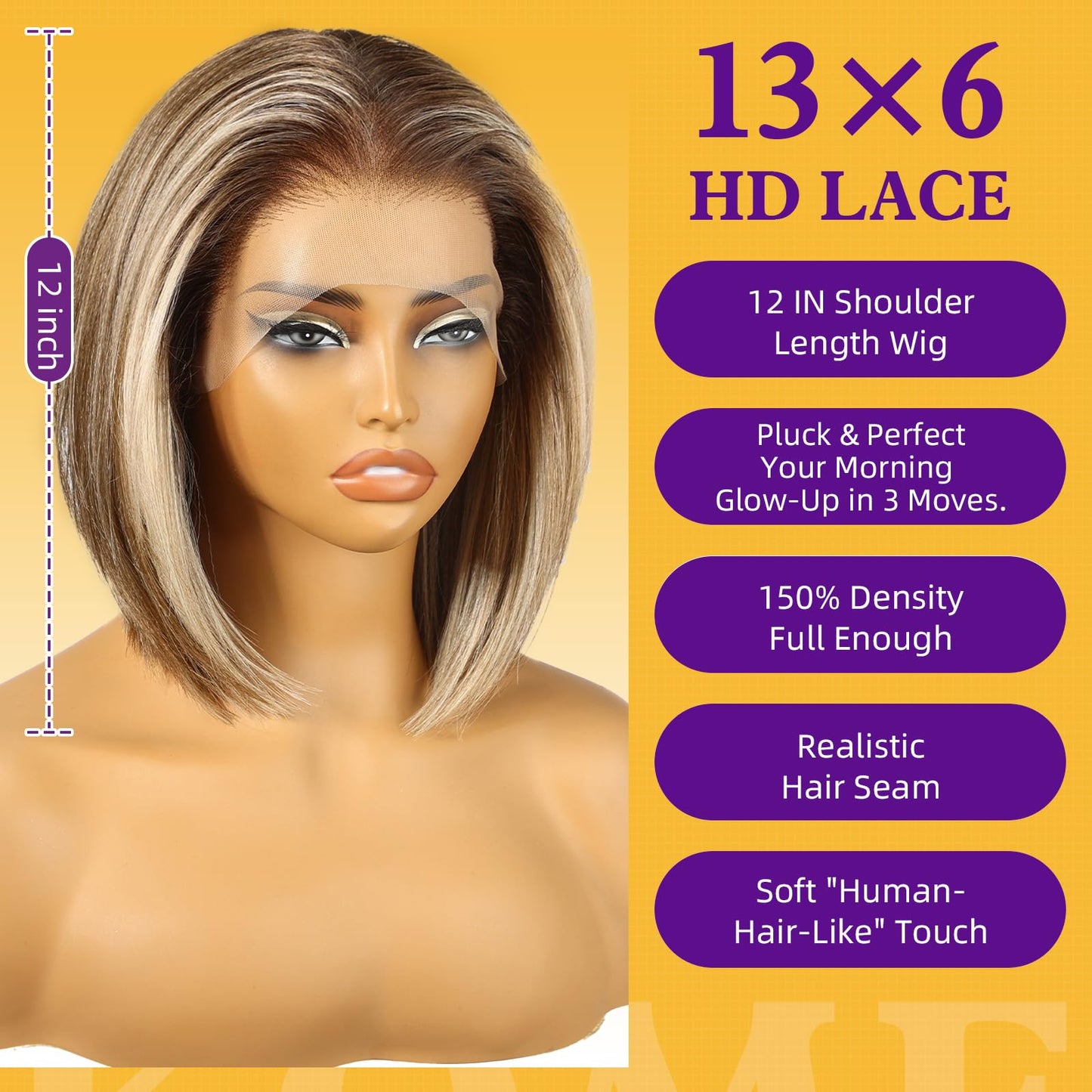 KOME Ash Blonde Highlight Synthetic Lace Front Wig,13×6 HD Short Straight Glueless Bob Wig for White Women Daily Use 12IN（#TT6/166）
