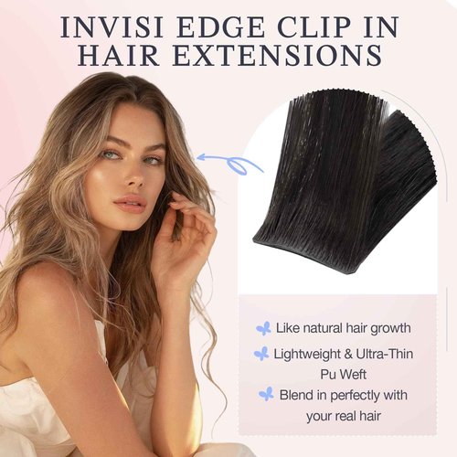 DOORES Human Hair Clip in Extensions 20 Inch 140g 7pcs, Invisi Edge Seamless Real Human Clip in Hair Extensions Invisible Remy Virgin Clipins Straight Skin Weft Thickening, 1B Natural Black