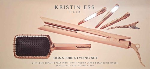 Kristin Ess Hair Styling Gift Set 3-in-1 Ceramic Flat Iron Bundle - 1.25inch Dual Voltage Ceramic Hair Straightener + Detangling Brush + Sectioning Clips - 4 Heat Settings 440 Degrees + Auto Shut Off