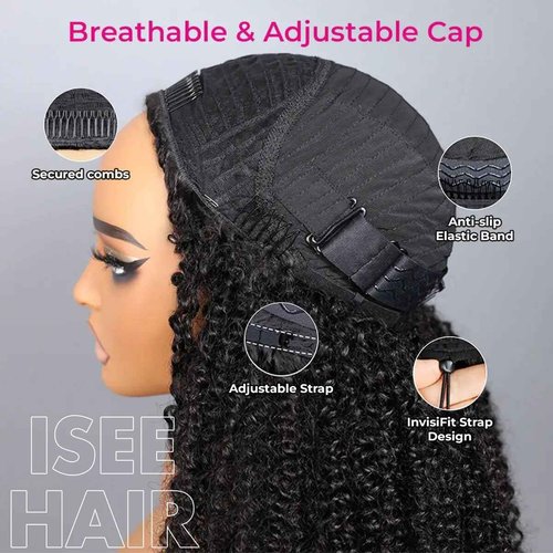 ISEE Half Wig Afro Curly 3 In 1 Glueless Wigs Human Hair Seamless Kinky Curly Flip Over Beginner Friendly Wear & Go Drawstring Band Clip in Wig Human Hair Black Color 14 Inch