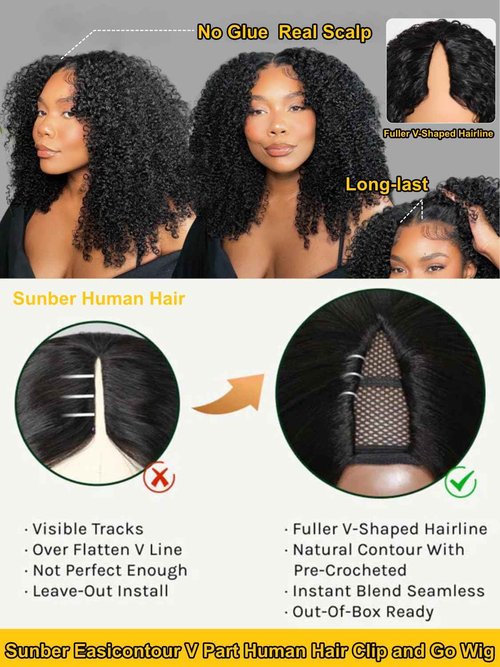 Sunber EasiContour V Part Human Hair Ombre Chestnut Brown Curly Glueless Wig Upgrade Vpart Wigs No Leave Out No Gel 180% Density V Shape Clip Wigs No Sew in Ready to Go Beginner Friendly 18Inch