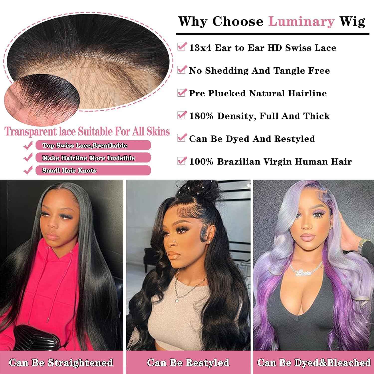 Luminary 24 inch Body Wave Lace Front Wigs Human Hair 13x4 HD Transparent Lace Frontal Wigs Pre Plucked with Baby Hair 180% Density Brazilian Body Wave Human Hair Wigs for Black Women Natural Black
