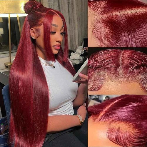 PRUWIGS 22 Inch 99j Burgundy Lace Front Wigs Human Hair 250% Density Straight Burgundy Wig Human Hair 99j 13x6 HD Glueless Frontal Wigs for Women Pre Plucked with Baby Hair