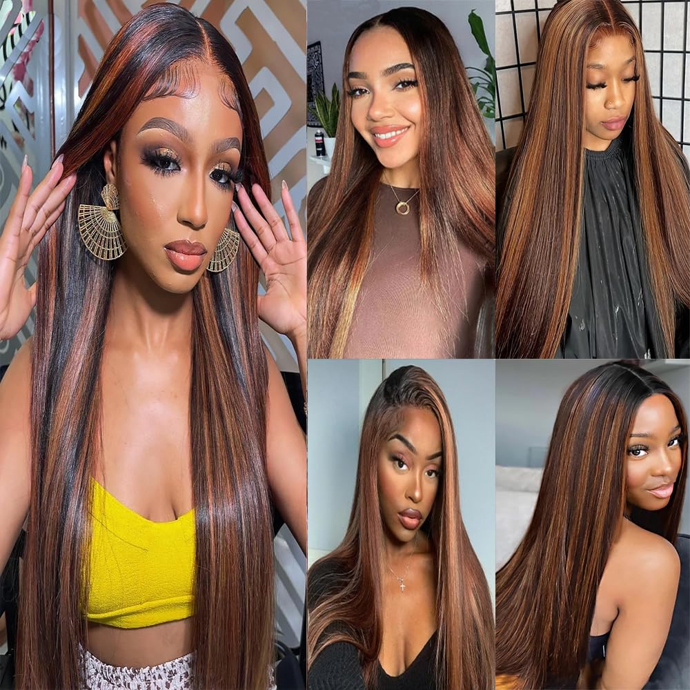 Niciitysi Ombre P1B30 Straight Bundles Human Hair 26 28 30 inch Double Weft Brazilian Hair Extensions Highlight Two Tone Black Mixed With Brown Bundles for Women