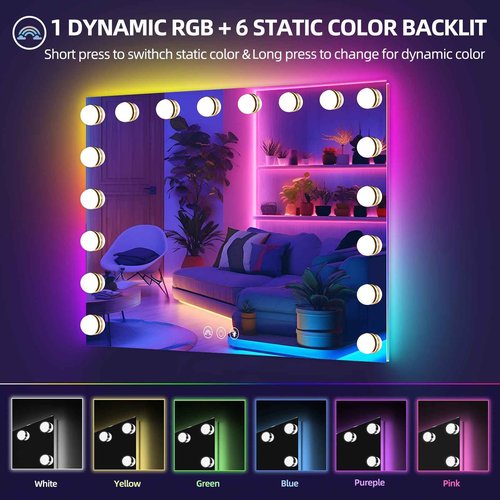 Misavanity Vanity Mirror with RGB Backlight 32’’x23’’ LED Makeup Mirror with 18 Dimmble 3 Color Modes Bulbs Light up Mirror with 10X Magnification and Smart Touch, White