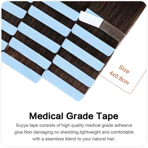 SUYYA Invisible Tape in Hair Extensions Human Hair Darkest Brown Seamless Injected Hand-Tied Pro Quality Virgin Human Hair 20PCS 50G/Pack Straight Tape Ins(18 inch #2 Darkest Brown)