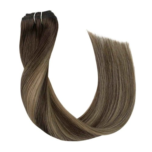 Clip in Hair Extensions Real Human Hair Balayage Chocolate Brown to Caramel Blonde Ombre Natural Clip on Remy Brazilian Hair Extensions Double Weft Straight Clip ins Hair for Women 18 Inch 60G 5 PCS