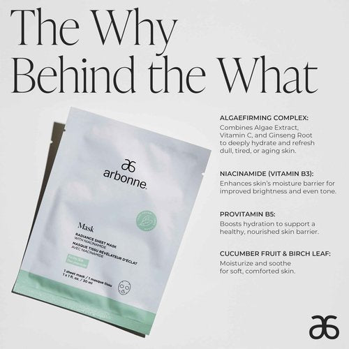 Arbonne Radiance Face Sheet Mask - Sheet Face Mask with Niacinamide for Dry and Dull Skin, Enhance Brightness, Tone, Smooth and Hydrate Skin - 5 Pack