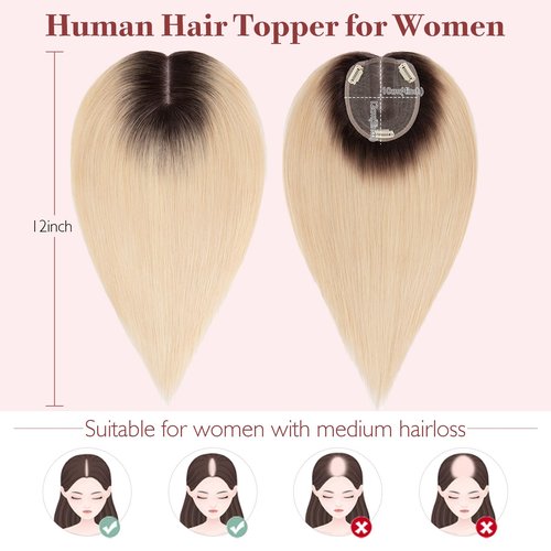 S-noilite Hair Toppers for Women 100% Real Human Hair, 10x12 Upgrade Base Ombre Light Blonde Remy HairToppers for Women with no Bangs 10inch 35g #Ombre Light Blonde