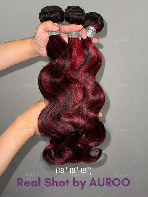 AUROO 99J Burgundy Highlight Body Wave Single Bundles 24 inch, 12A 100% Virgin Burgundy and Black Colored Human Hair Single Bundles Thick Track Ombre Red 99J Brazilian Quick Wavy Weaves Sew In Remy