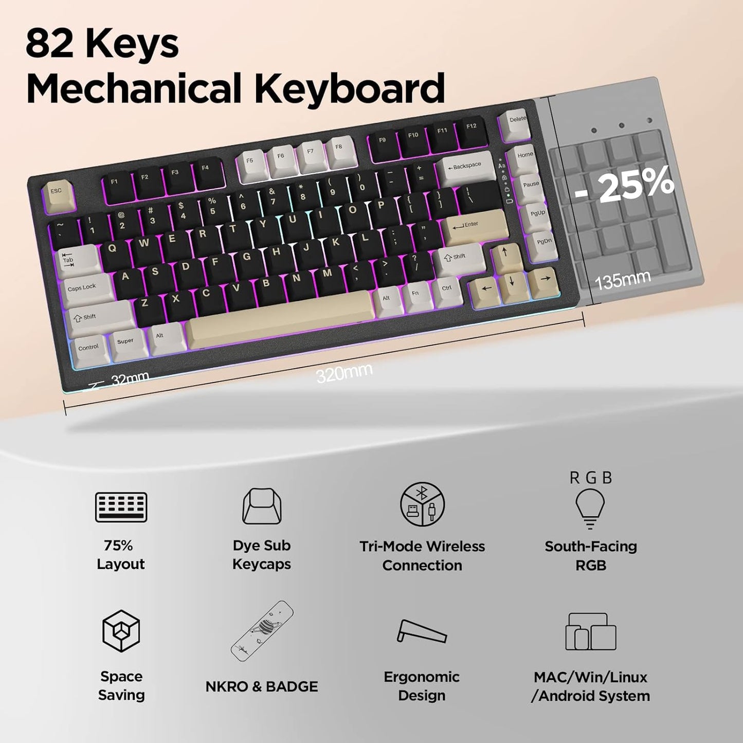 YUNZII YZ75 Hot Swappable Wireless Keyboard(Gateron G Pro Black, Black), Coffee Cat Dye Sub PBT Keycaps(Cherry Profile, Coffee Cat)