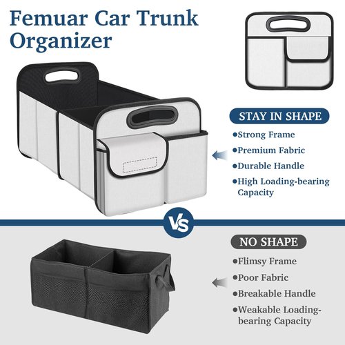 Femuar Car Trunk Organizer, Car Storage Organizer with Large Capacity Waterproof Collapsible Trunk Organizer for Car Suv/Jeep/Sedan (Beige, Standard)