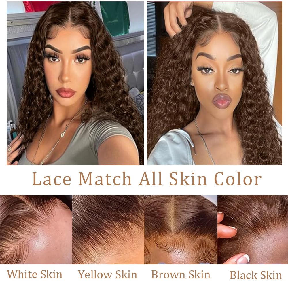 Pinketer Deep Wave Lace Front Wigs Human Hair Chocolater Colored 13x4 Curly Lace Front Wig Human Hair Wigs for Black Women Curly Wig Natural Hairline (#4 Color, 24inch)