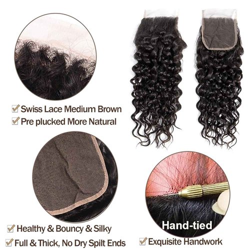Wet and Wavy Bundles Human Hair with Closure 20 22 24+20inch Water Wave 3 Bundles and Lace Closure 10A Brazilian Curly Sew in Quick Weave Human Hair Extensions Free Part Natural Color