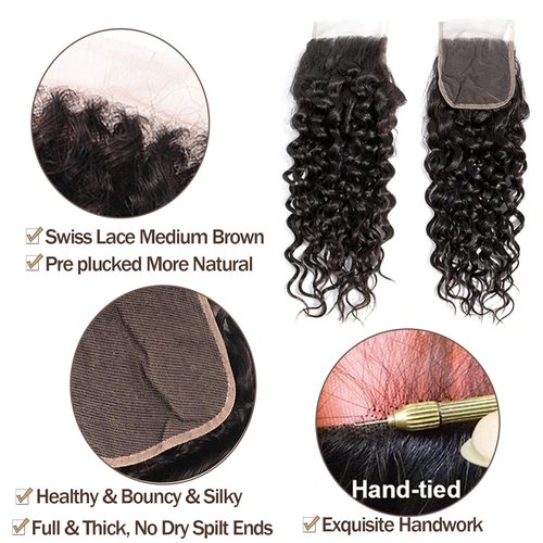 Beaushine Human Hair with Closure Water Wave Remy Virgin Hair 18 20 22+18inch, Wet and Wavy Curly Human Weave Bundles with Lace Closure 10A Brazilian Raw Quick Weave Bundles Natural Black Color
