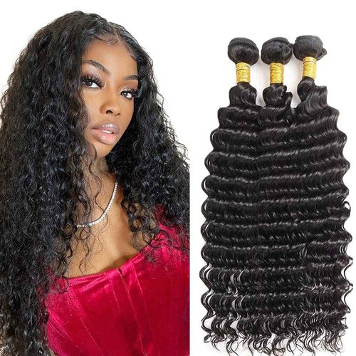 1B Natural Black Deep Wave Human Hair Bundles Unprocessed Brazilian Virgin 3 Bundles 26 28 30 Inch Black Deep Curly Bundle Human Hair Extensions 50 Gram Per Bundle