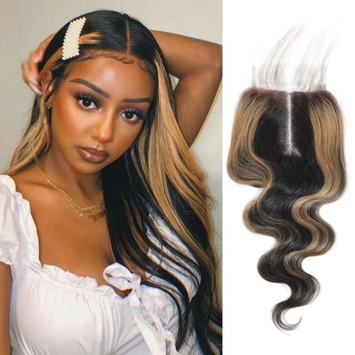 AUROO Honey Blonde Highlight 5x5 Lace Closure Only Human Hair Body Wave, 12A Virgin #27 Ombre Skunk Stripe HD Transparent Lace Closure Pre Plucked with Baby Hair Larger Parting (150% Density, 12 IN)