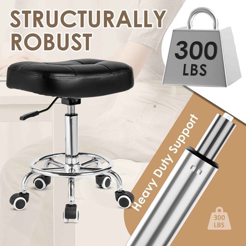 Rolling Stool Wider Rectangular Cushion-Provides a Comfortable, Stable Support Surface with Loop Footrest for Leg Support,Adjustable Stool with Wheels for Salon Tattoo Massage Office Home (Black)