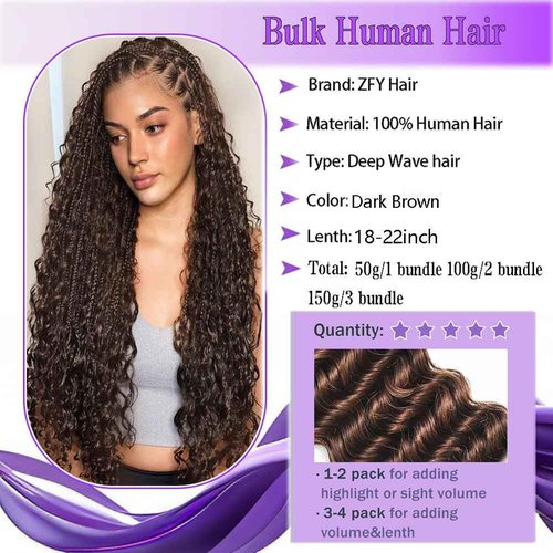ZFY Human Braiding Hair 150g 22 Inch Deep Wave Bulk Human Hair for Braiding Boho Braids 100% Unprocessed Brazilian Virgin Human Hair Extensions No Weft 3 Bundle/Pack Dark Brown