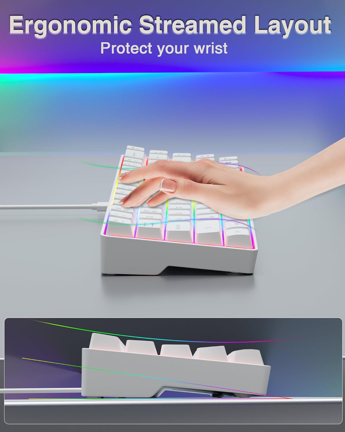 60% Gaming Keyboard,Small Keyboard USB-C Wired,Compact Mini Teclado Gamer,68 Keys RGB Backlit Portable Membrane Keyboards for Business Trips,Office,PC Games (SK968,White)