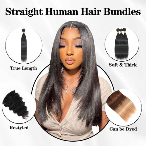Straight Bundles Human Hair 32 Inch One Bundles 10A Brazilian Bundles Human Hair 100% Unprocessed Virgin Remy Hair Natural Black Bundles Weave Hair Extensions for Black Women Double Machin Weft