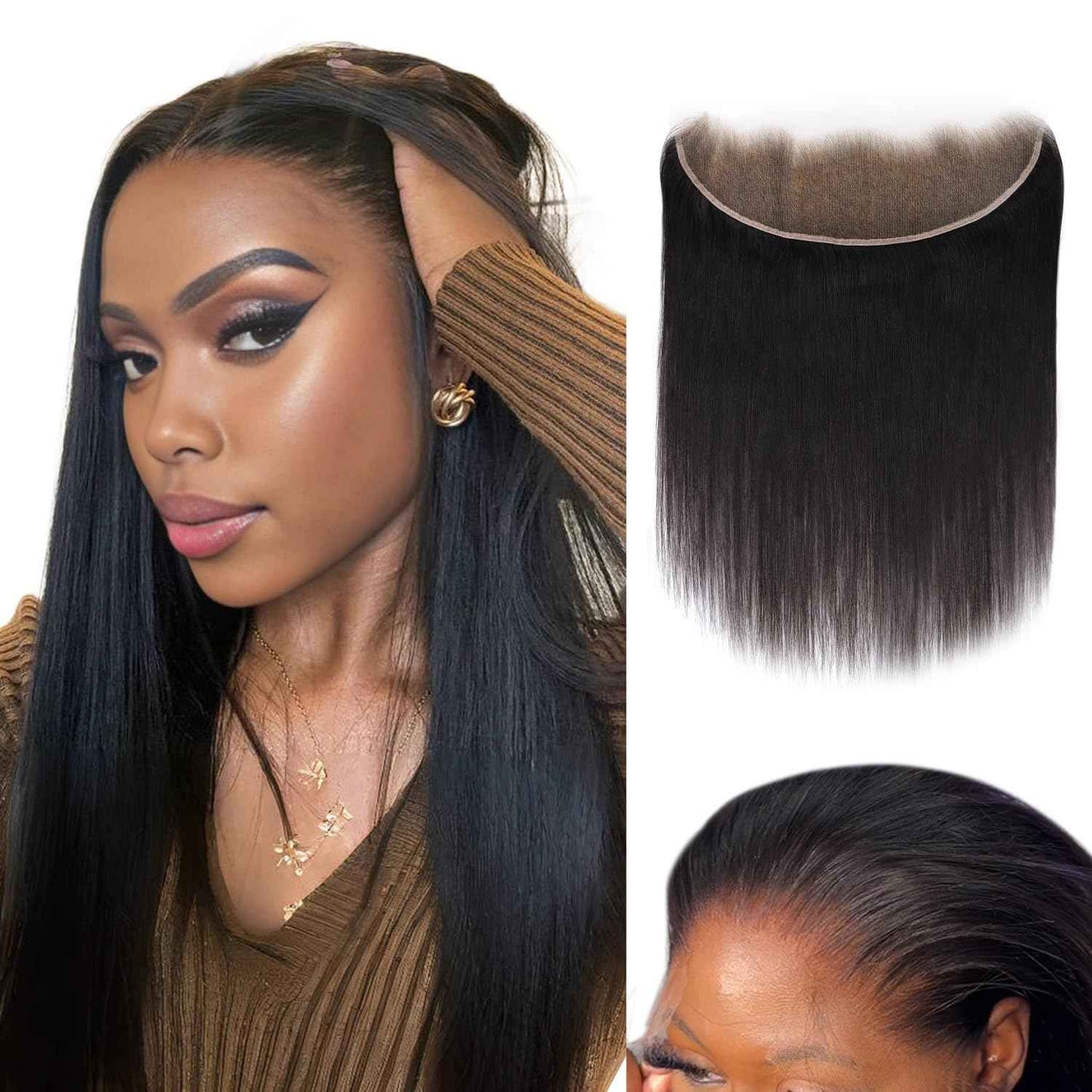 Lashey 13x4 SKINLIKE HD Lace Frontal, 0.10mm Ultra-Thin Invisible Real HD Frontal Pre Bleached Knots Pre Plucked Hairline Straight Human Hair 14 Inch Natural Black