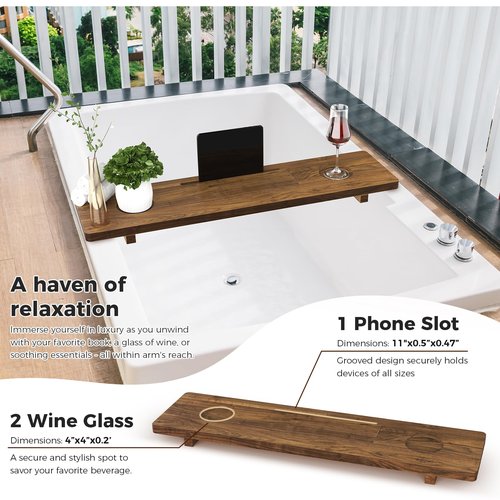 Premium Bathtub Tray Caddy, Solid Acacia Wood Bath Tray for Tub, Adjustable Bath Tub Tray for Freestanding Tubs, Anti-Tipping, Sustainable Tub Tray, Holder for Tablet with Book and Wine Glass Holder
