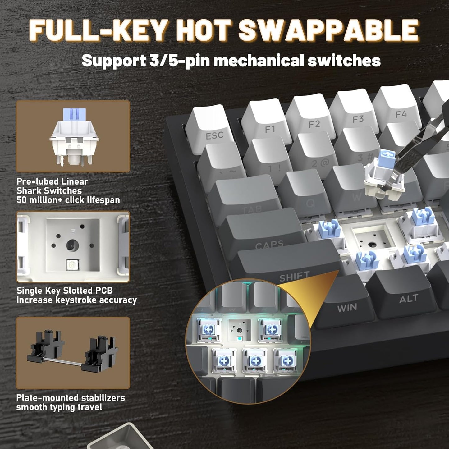 Attack Shark ajazz AK820 Mechanical Gaming Keyboard with Knob 75% Keyboard Hot Swappable Type-C Wired Gasket 5-Layer Noise Absorbing Foam White LED Backlit NKRO Linear Red Switch for PC/Win/Mac-Black