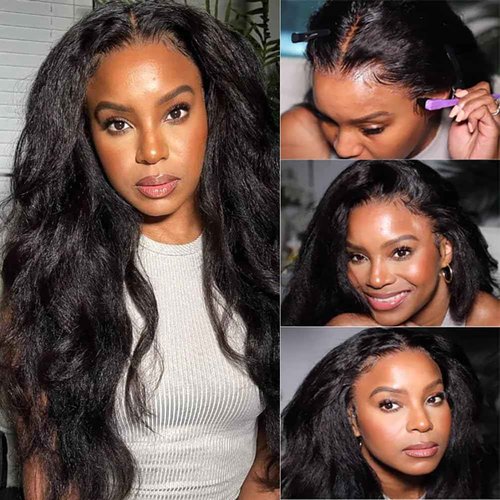 veravicky Kinky Straight Wig Human Hair 14 inch Glueless Kinky Straight 13x4 Lace Front Wig Pre Plucked HairLine with Baby Hair 180% Density Yaki Straight Wigs Natural Black Color