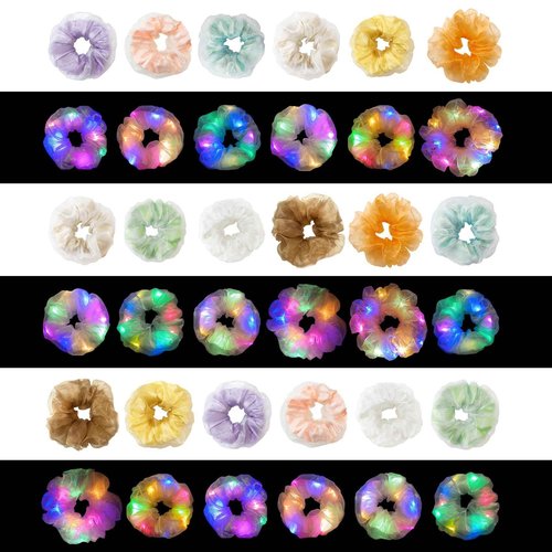 Aosimin 36Pcs Light Up Scrunchies, LED Double Layer of Fabric Hair Ties for Girls, Rave Neon Party Favors Hair Accessories for Women, Glow in The Dark Party Supplies for Birthday Halloween Christmas
