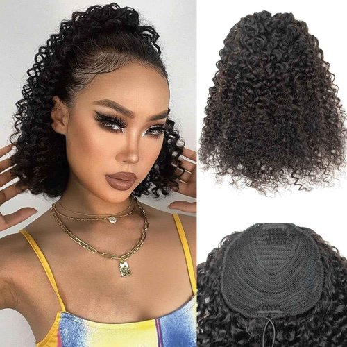 SPIKFN Ponytail Extension Human Hair Curly Ponytail Extension for Black Women Long Afro Puffs Hair Buns Drawstring Ponytail Human Hair (12 Inch #1B Natural Black)