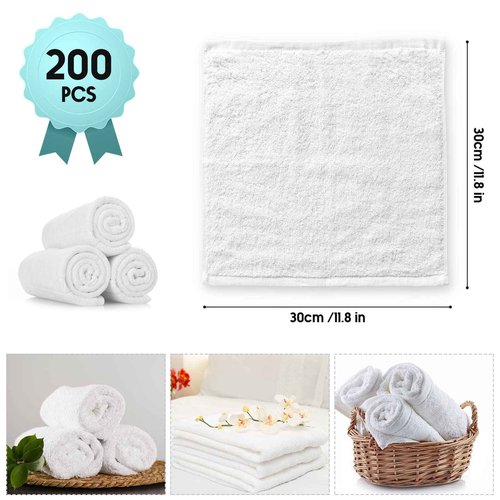 Buryeah 200 Pieces Wash Cloths Bulk Face Cloths Cotton Washcloths Set Hand Towels Absorbent for Bathroom Soft Cleaning Rags for Bath Body Spa Gym Kitchen Dish (12 x 12 Inches)