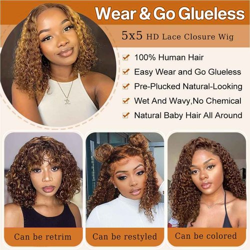 Glueless Wigs Human Hair Pre Plucked Pre Cut Wear and Go 5x5 HD Lace Closure Wigs Human Hair Deep Wave Wig P4/27 Honey Blonde Ombre Highlight Lace Front Wig Human Hair Wig 180% Density 16 Inch