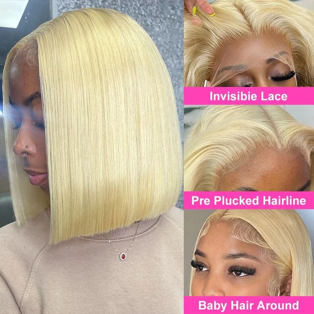 10 Inch 613 Bob Wig Human Hair 13x6 Lace Front Wigs Human Hair Pre Bleached 200% Density 13x6 HD Straight Lace Front Wigs Pre Plucked with Baby Hair