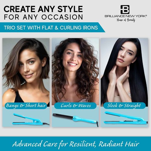 Brilliance New York - Trio Flat and Curling Irons Set: 1.25" Diamond and Ceramic Flat Iron + 1/2" Mini Diamond Flat Iron + 1" Clipless Curling Iron, Black