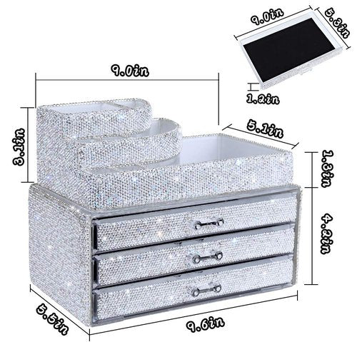 KEYPOWER Makeup Organizers Drawer Bling Diamond,Countertop Jewelry Cosmetic Storage Display Boxes,Makeup Brush Holder,2 Pieces Set(Purely Handmade)(White)