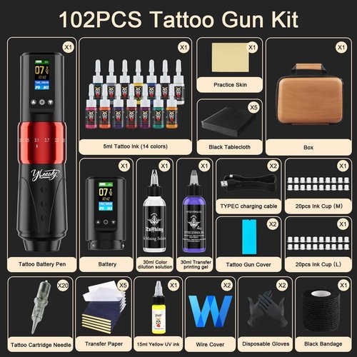 Complete Tattoo Gun Machine Kit, Cordless Rotary Tattoo Pen Kits with 2Pcs 1,600 mAh Battery, 20Pcs Tattoo Cartridge Needles, Professional 7 Strokes Length Tattoo Gun for Artists (Red, 102Pcs)